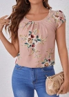 Kadın Kısa Kollu Bisiklet Yaka çiçek Baskılı Süprem Bluz