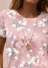 Kadın Kısa Kollu Bisiklet Yaka çiçek Desenli Viskon Bluz