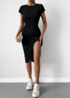 Kadın Kısa Kollu Bisiklet Yaka Derin Yırtmaçlı Kaşkorse Elbise