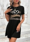 Kadın Kısa Kollu Bisiklet Yaka Desenli Viskon Elbise