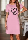 Kadın Kısa Kollu Bisiklet Yaka Kalp Desenli Viskon Elbise