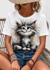 Kadın Kısa Kollu Bisiklet Yaka Kedi Baskılı Süprem Bluz