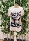 Kadın Kısa Kollu Bisiklet Yaka Kedi Baskılı Süprem Bluz