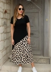 Kadın Kısa Kollu Bisiklet Yaka Leopar Detaylı Midi üst Viskon Alt Süprem Elbise