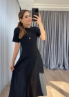 Kadın Kısa Kollu Bisiklet Yaka Maksi Boy Ithal Krep Elbise