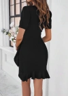 Kadın Kısa Kollu Bisiklet Yaka önden Fırfırlı Büzgülü Janjan Krep Kısa Elbise