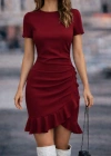 Kadın Kısa Kollu Bisiklet Yaka önden Volanlı Ithal Krep Elbise