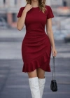 Kadın Kısa Kollu Bisiklet Yaka önden Volanlı Ithal Krep Elbise