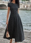 Kadın Kısa Kollu Bisiklet Yaka Puantiyeli Maksi örme Krep Elbise