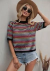 Kadın Kısa Kollu Bisiklet Yaka Renkli şerit Detaylı Triko Bluz