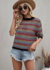 Kadın Kısa Kollu Bisiklet Yaka Renkli şerit Detaylı Triko Bluz