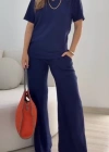 Kadın Kısa Kollu Bisiklet Yaka Viskon Iki Iplik Bluz Ve Pantolon Ikili Takım