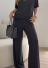 Kadın Kısa Kollu Bisiklet Yaka Viskon Iki Iplik Bluz Ve Pantolon Ikili Takım