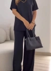 Kadın Kısa Kollu Bisiklet Yaka Viskon Iki Iplik Bluz Ve Pantolon Ikili Takım