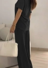 Kadın Kısa Kollu Bisiklet Yaka Viskon Iki Iplik Bluz Ve Pantolon Ikili Takım