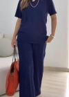 Kadın Kısa Kollu Bisiklet Yaka Viskon Iki Iplik Bluz Ve Pantolon Ikili Takım