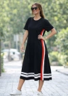 Kadın Kısa Kollu Bisiklet Yaka Yan şerit Detaylı Midi Viskon Elbise