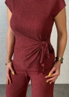 Kadın Kısa Kollu Bisiklet Yaka Yandan Bağlamalı Bürümcük Bluz Ve Pantolon Ikili Takım