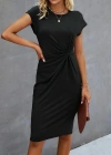 Kadın Kısa Kollu Bisiklet Yaka Yandan Büzgülü Midi Viskon Elbise