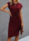 Kadın Kısa Kollu Bisiklet Yaka Yandan Büzgülü Midi Viskon Elbise