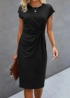 Kadın Kısa Kollu Bisiklet Yaka Yandan Büzgülü Midi Viskon Elbise