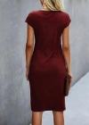 Kadın Kısa Kollu Bisiklet Yaka Yandan Büzgülü Midi Viskon Elbise