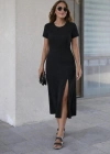 Kadın Kısa Kollu Bisiklet Yaka Yandan Yırtmaçlı Midi Viskon Elbise