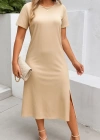 Kadın Kısa Kollu Bisiklet Yaka Yandan Yırtmaçlı Viskon Elbise