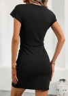 Kadın Kısa Kollu Bisiklet Yaka Yanlardan Büzgülü Kısa Janjan Krep Elbise