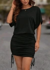 Kadın Kısa Kollu Bisiklet Yaka Yanlardan Büzgülü Kısa Viskon Elbise