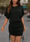 Kadın Kısa Kollu Bisiklet Yaka Yanlardan Büzgülü Kısa Viskon Elbise