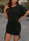 Kadın Kısa Kollu Bisiklet Yaka Yanlardan Büzgülü Kısa Viskon Elbise