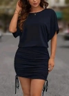 Kadın Kısa Kollu Bisiklet Yaka Yanlardan Büzgülü Kısa Viskon Elbise