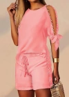 Kadın Kısa Kollu Bisiklet Yaka Yarı Açık Omuz Inci Detaylı Short Tshirt Viskon Ikili Takım