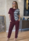 Kadın Kısa Kollu Bisiklet Yaka Zebra Desen Bluz Ve Pantolon Ikili Takım