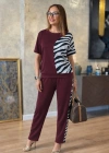 Kadın Kısa Kollu Bisiklet Yaka Zebra Desen Bluz Ve Pantolon Ikili Takım