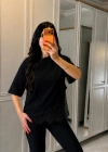 Kadın Kısa Kollu Bisiklet Yakalı Dantel Detaylı Viskon Iki Iplik Bluz