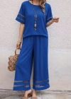 Kadın Kısa Kollu Bisiklet Yakalı Tül şerit Detaylı Bluz Ve Pantolon Ikili Takım