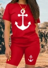 Kadın Kısa Kollu çapa Baskılı Viskon Ikili Takım