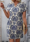 Kadın Kısa Kollu çentik Yaka çiçek Desenli Keten Elbise