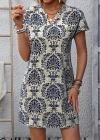 Kadın Kısa Kollu çentik Yaka çiçek Desenli Keten Elbise