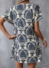 Kadın Kısa Kollu çentik Yaka çiçek Desenli Keten Elbise