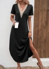 Kadın Kısa Kollu Dantel V Yakalı Uzun Viskon Elbise