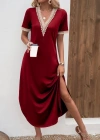 Kadın Kısa Kollu Dantel V Yakalı Uzun Viskon Elbise