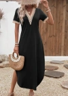 Kadın Kısa Kollu Dantel V Yakalı Uzun Viskon Elbise
