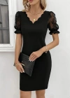 Kadın Kısa Kollu Dantelli V Yakalı Yanlardan Büzgülü çapraz Detaylı Ithal Krep Elbise