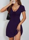 Kadın Kısa Kollu Derin Büzgülü V Yakalı Viskon Elbise