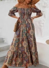 Kadın Kısa Kollu Düşük Omuzlu Beli Büzgülü Dijital Desenli Kesik Elyaf Süprem Uzun Elbise