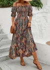 Kadın Kısa Kollu Düşük Omuzlu Beli Büzgülü Dijital Desenli Kesik Elyaf Süprem Uzun Elbise