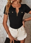 Kadın Kısa Kollu Fermuarlı Cep Detay Kaşkorse Bluz